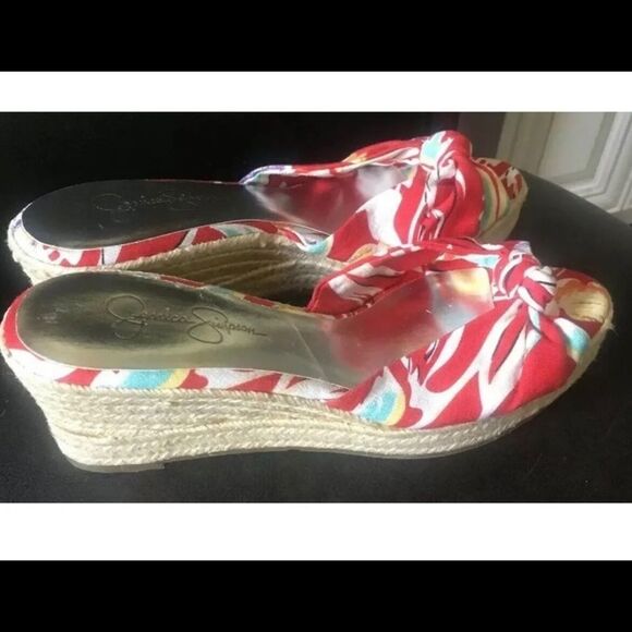 Jessica Simpson’s Red Floral Straw Wedge Sandals For Women Size 9.5 - Picture 2 of 6